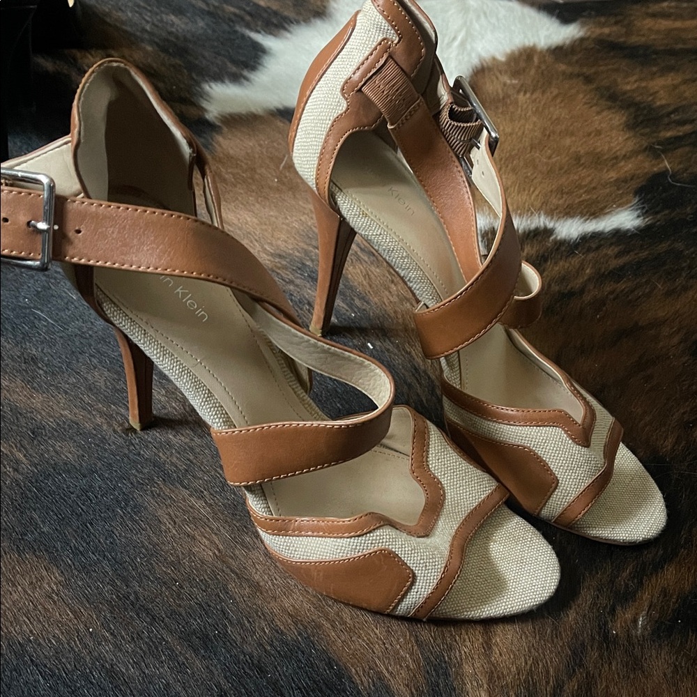 Vintage Calvin Klein Tan and Cream Leather-Strap High Heel Sandals